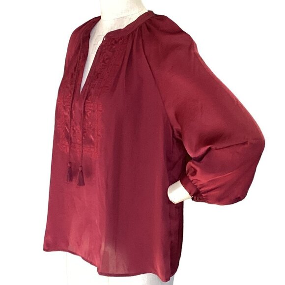 Lucky Brand Embroidered Tassel Tie Neck BOHO Peasant Top L Burgundy Red #224i - Picture 5 of 11